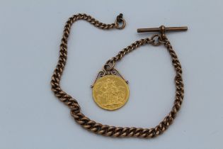 A George V Sovereign, 1912 suspended from a 9ct gold Albert. Gross weight 30gms