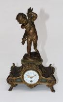 A 19th century French gilded spelter mantle clock, the cupid surmount after Moreau on a downswept