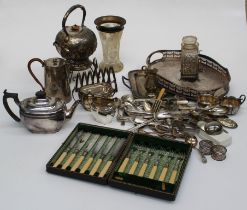 A good mixed lot of Victorian and later EPNS, including spirit kettle, entrée dishes, flatware,