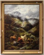 William Watson Junior ( British 1847-1921) Highland cattle watering in an extensive landscape. Oil