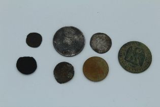 A selection of Medieval coins 1861 Napoleon Cino centimes, 1881 Portuguese India silver coin, 1929