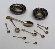 A George III silver tablespoon, London 1815, together with two silver bon bon dishes, mustard and