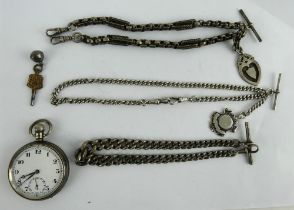 A 1929 silver cased pocket watch, two hallmarked silver albert chains & a white metal chain with fob