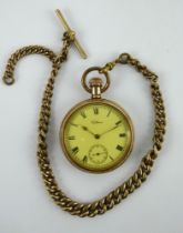 A gold plated Waltham 50mm pocket watch with 18ct gold filled graduated albert chain, length 34cm.