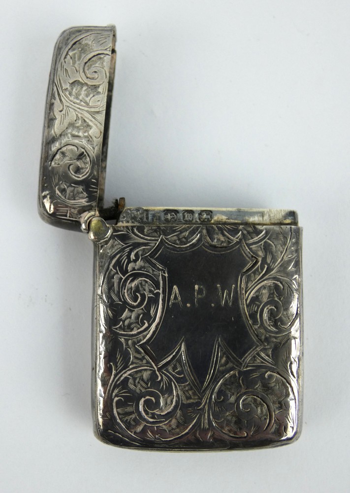 A late 19th century silver vesta case, 1896, and a cased pair of leather bound opera glasses - Image 3 of 3