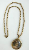 Antique gold pendant locket and box chain, both marked 9ct. Chain length 48cm.