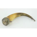 Georgian Scottish silver mounted table snuff powder horn with semi-precious stone inset lid