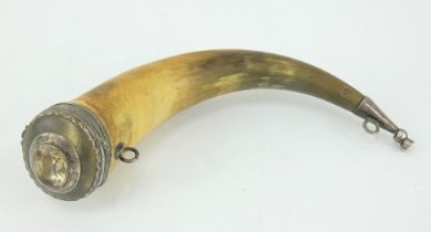 Georgian Scottish silver mounted table snuff powder horn with semi-precious stone inset lid