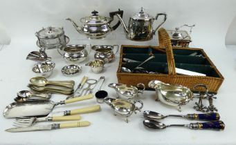 A quantity of mixed silver plated wares including cutlery, tea set, butter dishes, sauce boats, etc