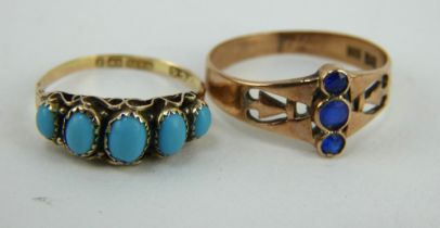 Victorian 9ct gold and turquoise ring, size M and a yellow metal blue stone ring, size R