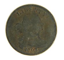 A 1798 United States large one cent coin with draped bust. 29mm diameter.