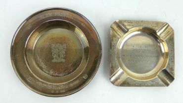 A 1970s silver trophy ashtray and a 1980s silver presentation dish. Both engraved and hallmarked