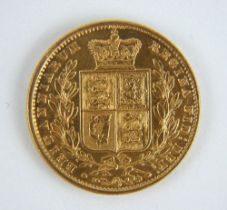 Gold sovereign coin, 1861, Queen Victoria shield type, young head.