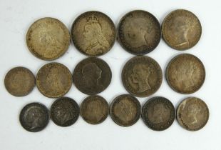 Mixed silver 1 penny to 4 penny Maundy coins, 1780-1894, Charles II - Victoria.