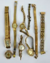 Four 9ct gold cased ladies watches, two rolled gold watches and various rolled gold bracelets.