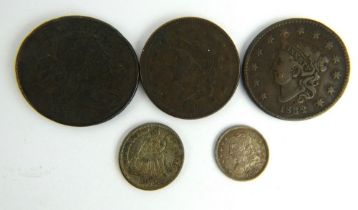 United States large one cent coins 1802, 1832 & 1836, silver 5 cents 1836 and silver 1873 dime.