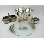 Two silver decanter labels, a silver plated punch bowl, wine coasters, bottle holder, ice tongs etc