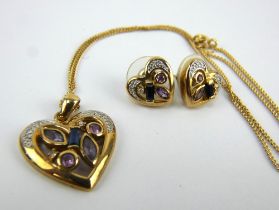 9ct gold sapphire, amethyst and diamond set heart shaped pendant and earring set. Chain 45cm.