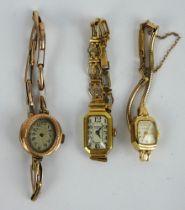 Three gold ladies wristwatches, the Benson with 18ct gold case. All with 9ct gold bracelets.