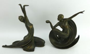 Two Art Deco style verdigris finish pottery figures of dancers, both marked 1532 to base.