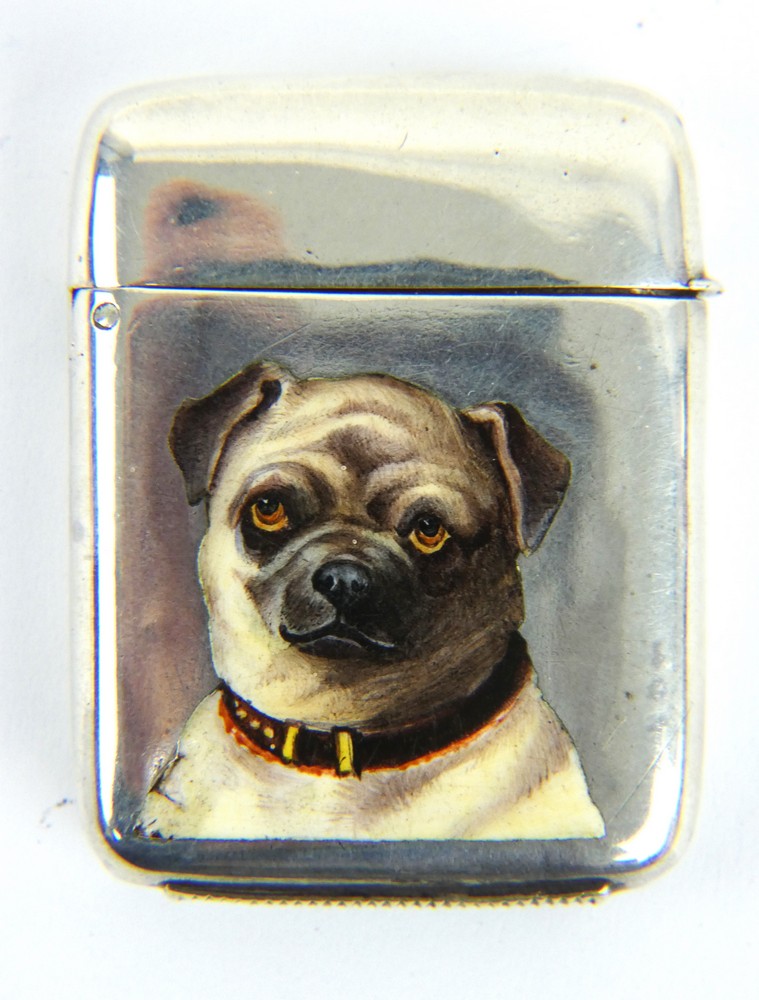 A Victorian Enamelled silver vesta case with pug dog portrait, hallmarked London 1884, George Heath.