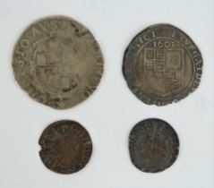 James I hammered silver sixpence, Charles I shilling and farthing, and Edward I penny