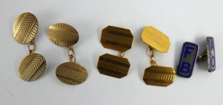 Two pairs of 9ct gold cufflinks and a single silver AOFB cufflink. Gold weight 5.8 grams.