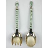 A pair of Norwegian light blue enamelled silver servers by J Tostrup. Length 18cm.