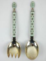 A pair of Norwegian light blue enamelled silver servers by J Tostrup. Length 18cm.