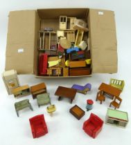 A box of 1950s/1960s dolls house furniture and accessories including some metal items.