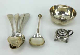 Mixed silver including 4 Danish spoons, a seal top spoon, a bowl and a planished mustard pot.