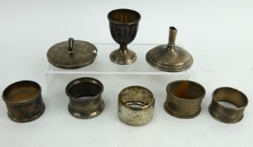 Five mixed silver napkin rings including one Masonic, a silver egg cup & two other pieces of silver