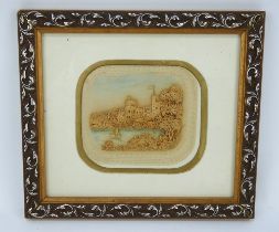 An early Victorian carved cork picture of Windsor Castle, c1850, glazed and mounted in a gilt frame.