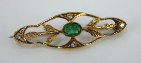 A 9ct gold emerald and diamond brooch