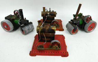 Two Mamod live steam stationary engines and two Mamod style live steam road rollers.