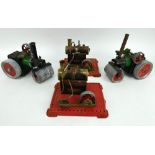 Two Mamod live steam stationary engines and two Mamod style live steam road rollers.