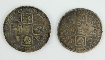 Two George I silver shillings 1720 and 1723