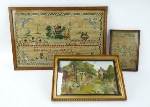 A small Georgian needlework sampler, a 1939 sampler and a 1920s stumpwork picture of Knole Hpouse