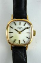 A 9ct gold cased Rotary ladies 17 jewel wristwatch with black leather strap. Gross weight 11.7 grams