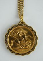 2001 full sovereign in 9ct gold pendant setting on a 9ct gold chain, length 46cm.Gross weight 16.2g