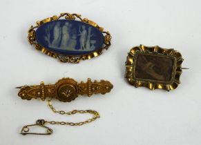 A 15ct diamond inset bar brooch, a 19th century 9ct gold Wedgwood Jasperware brooch and another.