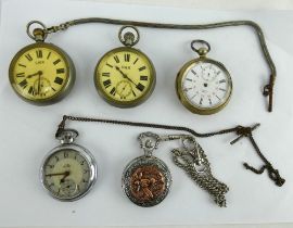 Two GWR Railway pocket watches, a Swiss Plan pocket watch and two others plus chains.