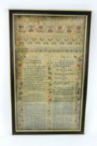 A late 18th century needlework sampler dated September 1782. Stitched text of the Ten Commandments