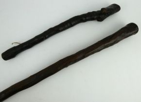 An antique hardwood Irish fighting stick and a similar Irish blackthorn shillelagh. Longest 90cm