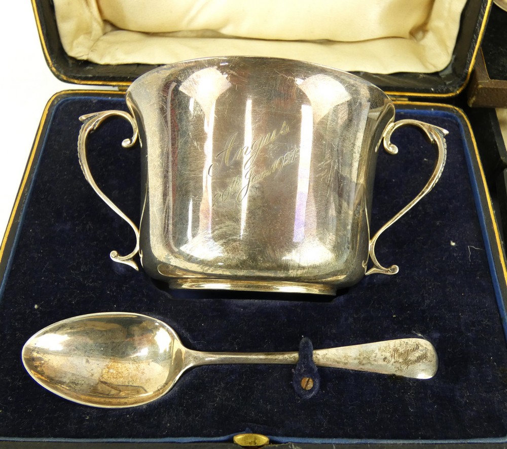 A boxed silver christening set, hallmarked 1918 and two other boxed silver christening sets. - Image 2 of 4