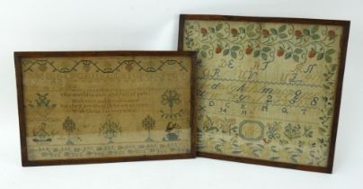 Two early 19th century needlework samplers dated 1821 and 1835. Both framed and glazed