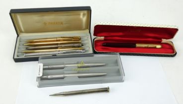Two Parker fountain pens, 3 Parker ballpoint pens and 3 Parker pencils, some gold plated.