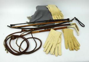 3 pairs of vintage kid gloves, grey silk scarf, 5 horse whips & Birkenhead School OTC swagger stick