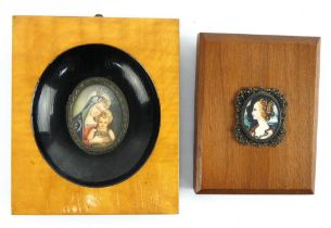 A hand painted miniature portrait of the Madonna & Child and a similar portrait of a young lady