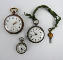 Two silver cased Edwardian fob watches and a silver Anker pendant watch. Largest 42mm diameter.